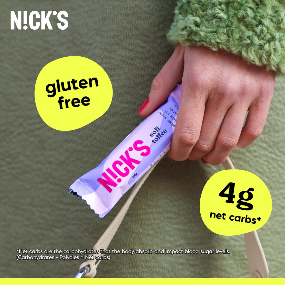 N!CK'S Soft Toffee Bar 15-pack box emphasizes gluten-free, low-carb snack options.