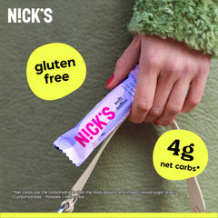 N!CK'S Soft Toffee Bar 15-pack box emphasizes gluten-free, low-carb snack options.