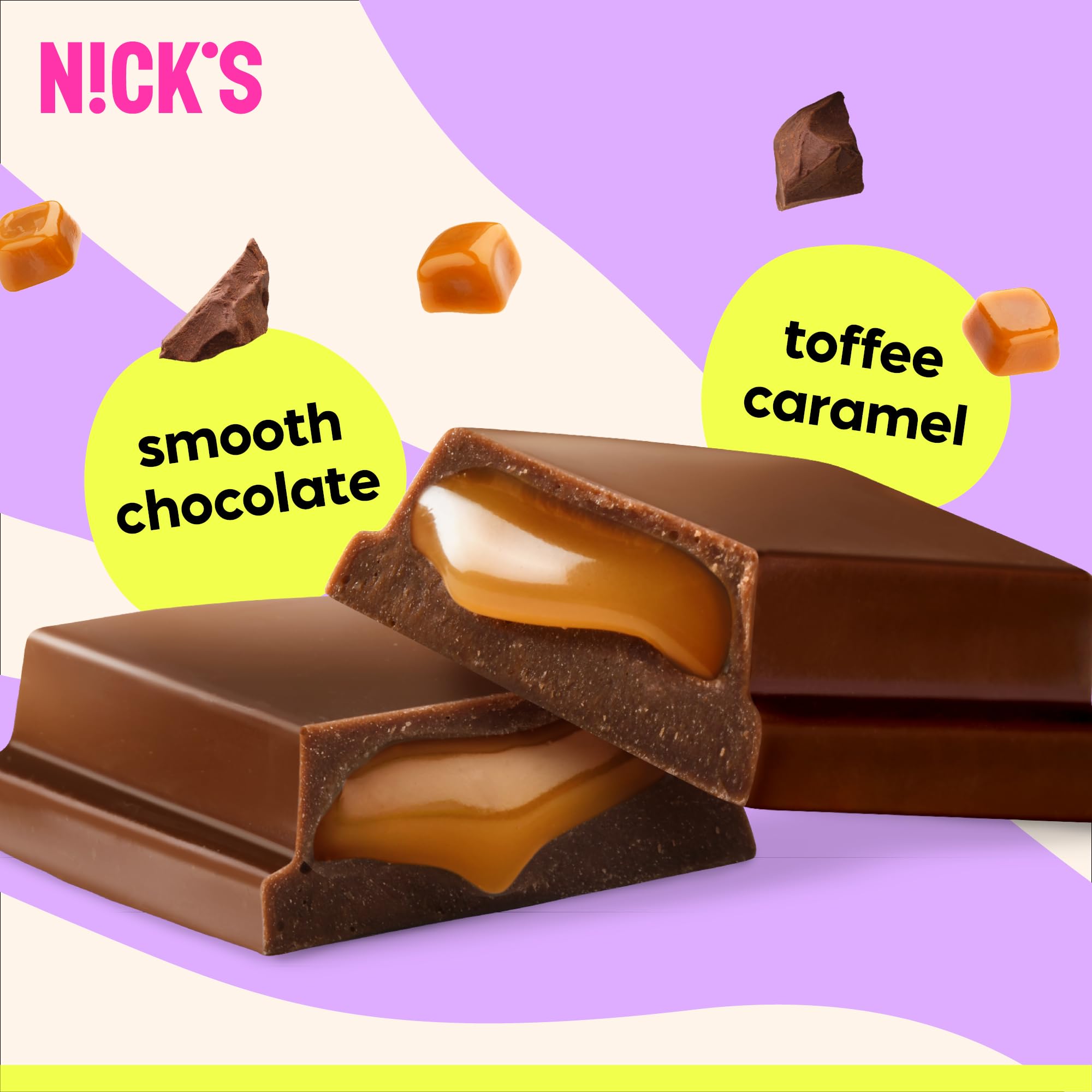 N!CK'S Soft Toffee Bar highlights caramel sauce center and soft texture.