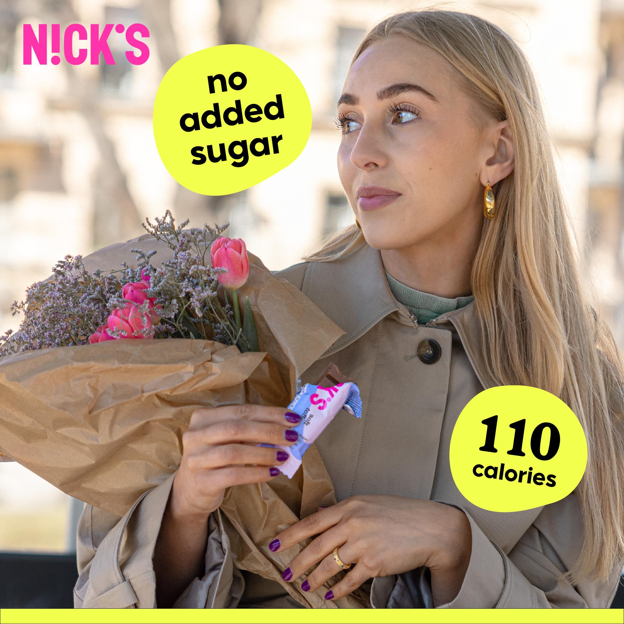N!CK'S Soft Toffee Bar in-hand showcases silky texture and caramel center.