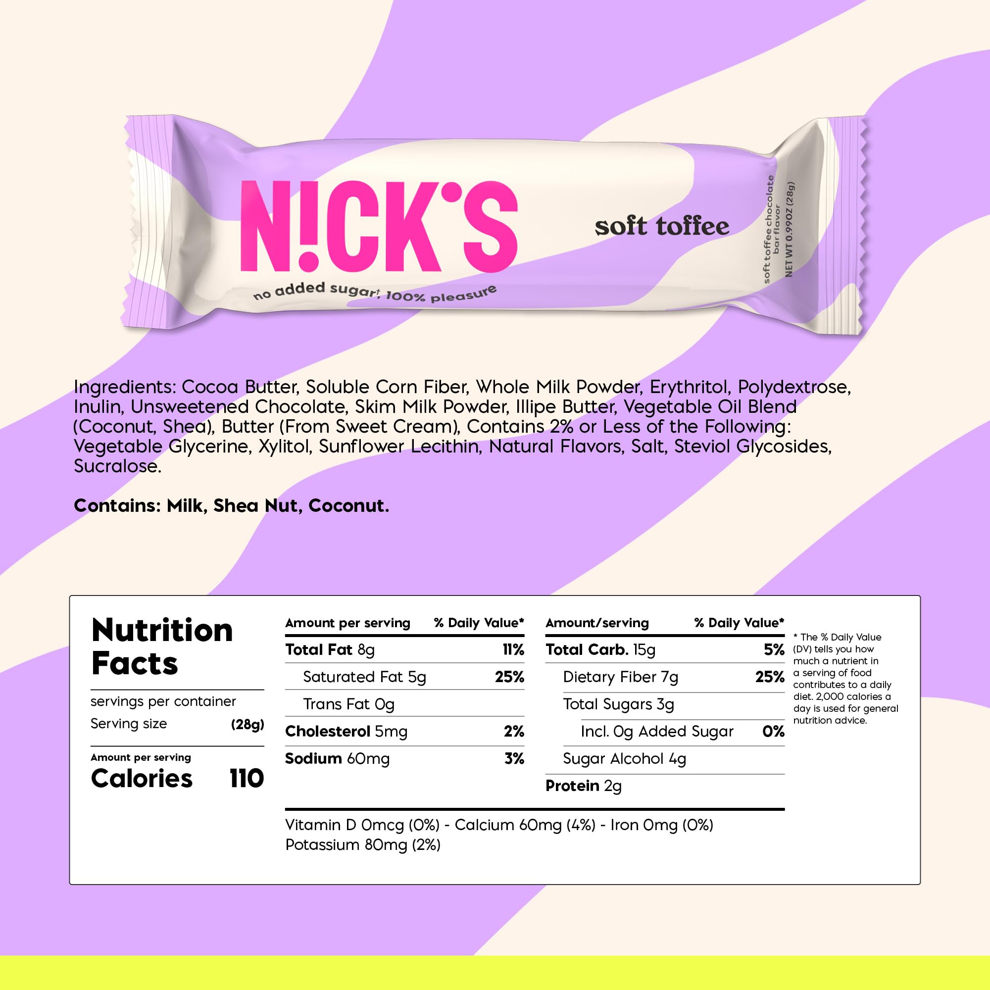 N!CK'S Soft Toffee Bar reveals creamy milk chocolate with caramel core.