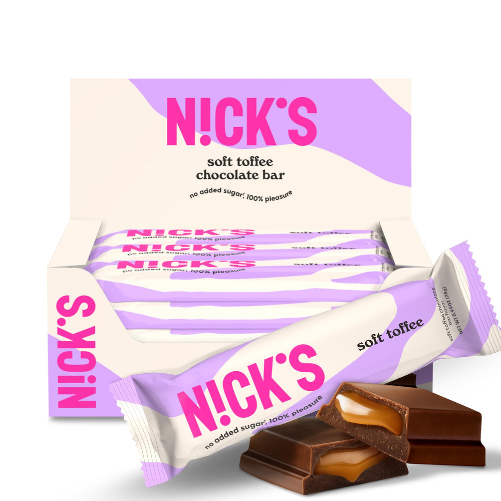 N!CK'S Soft Toffee Bar wrapped for easy on-the-go indulgence with no added sugar.