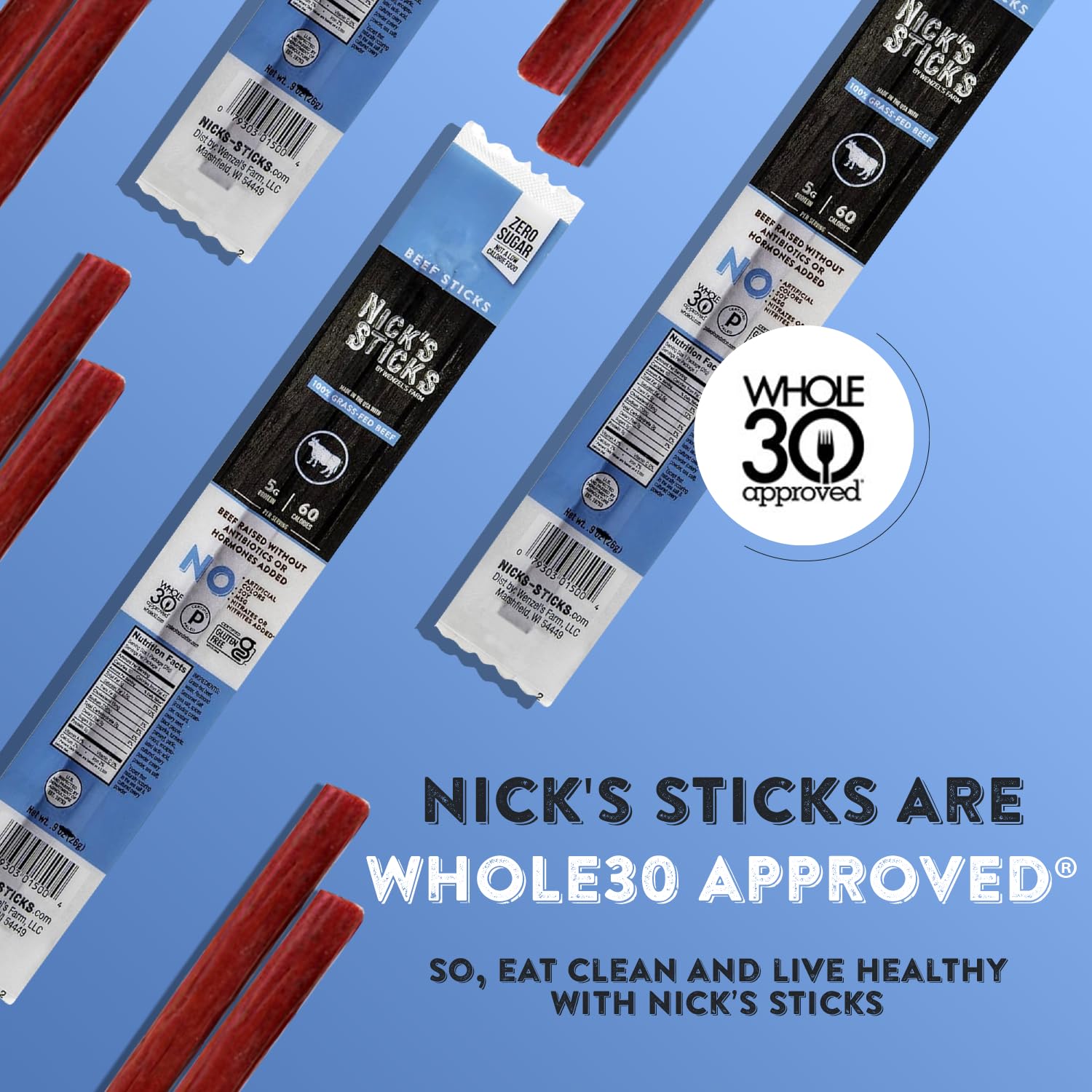 Nick's Sticks no nitrates nitrites for savory beef snack.