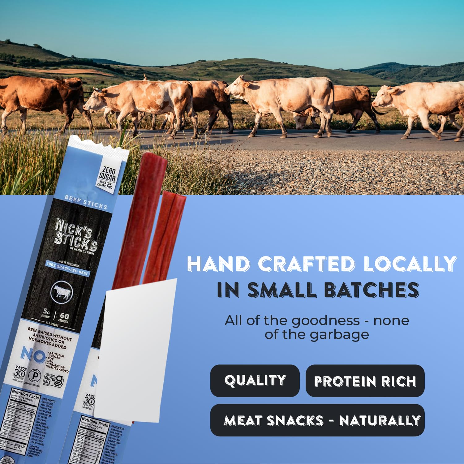 Nick's Sticks 5g protein per 1.7 oz serving for quick energy.