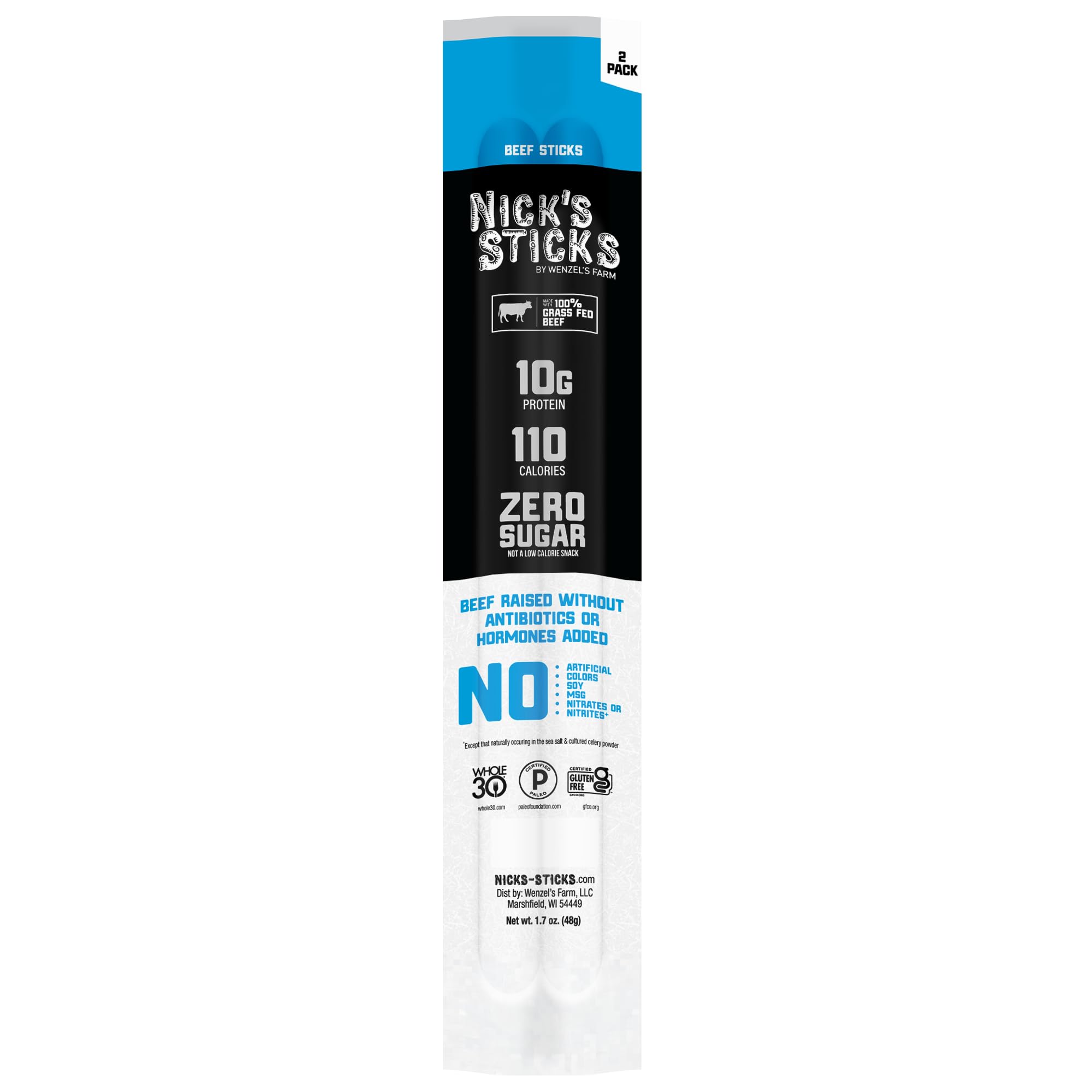 Nick's Sticks USA-made beef snack shown in a ready-to-eat format.