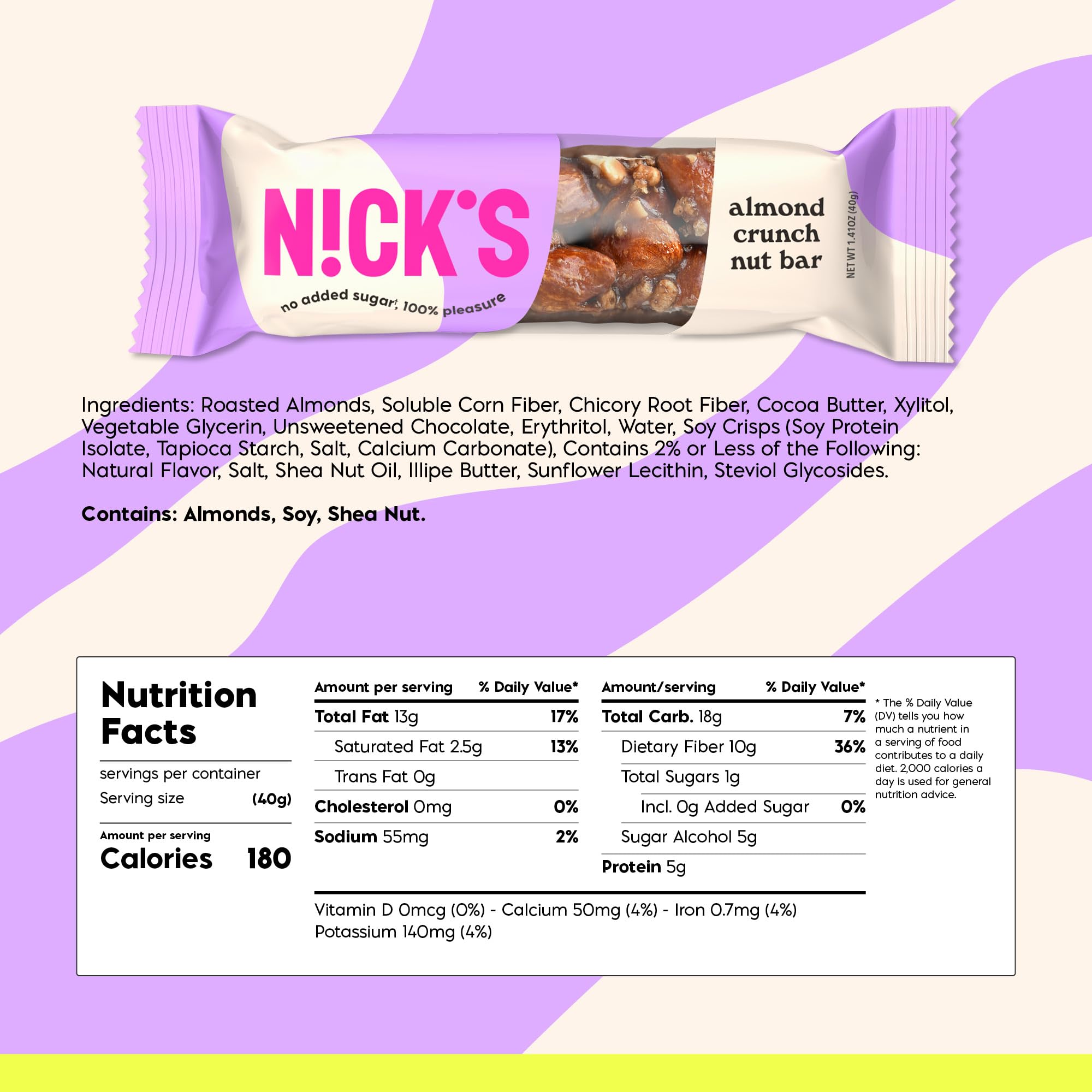 NICKS Keto Nut Bar almond chocolate bar closeup shows roasted almonds and smooth chocolate