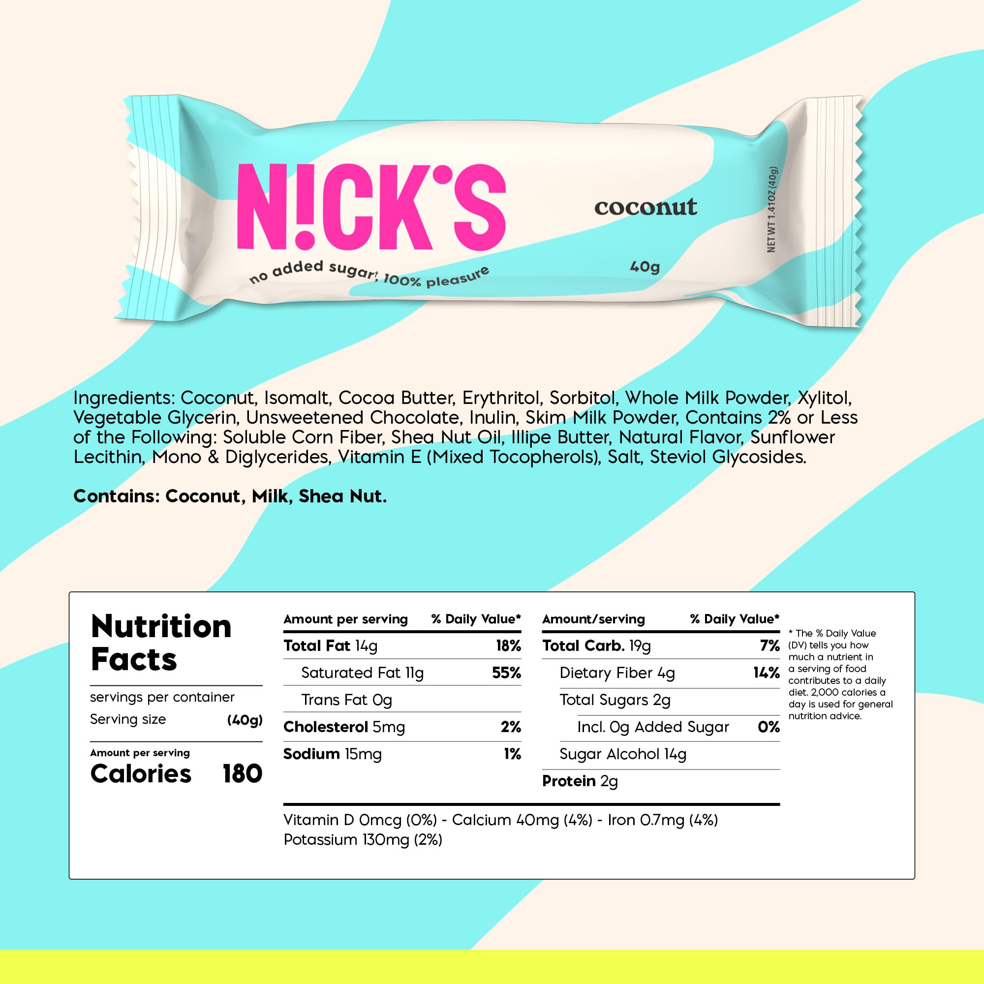 N!CK'S no added sugar coconut bar close up, plant based sweetness with modest sugar impact.