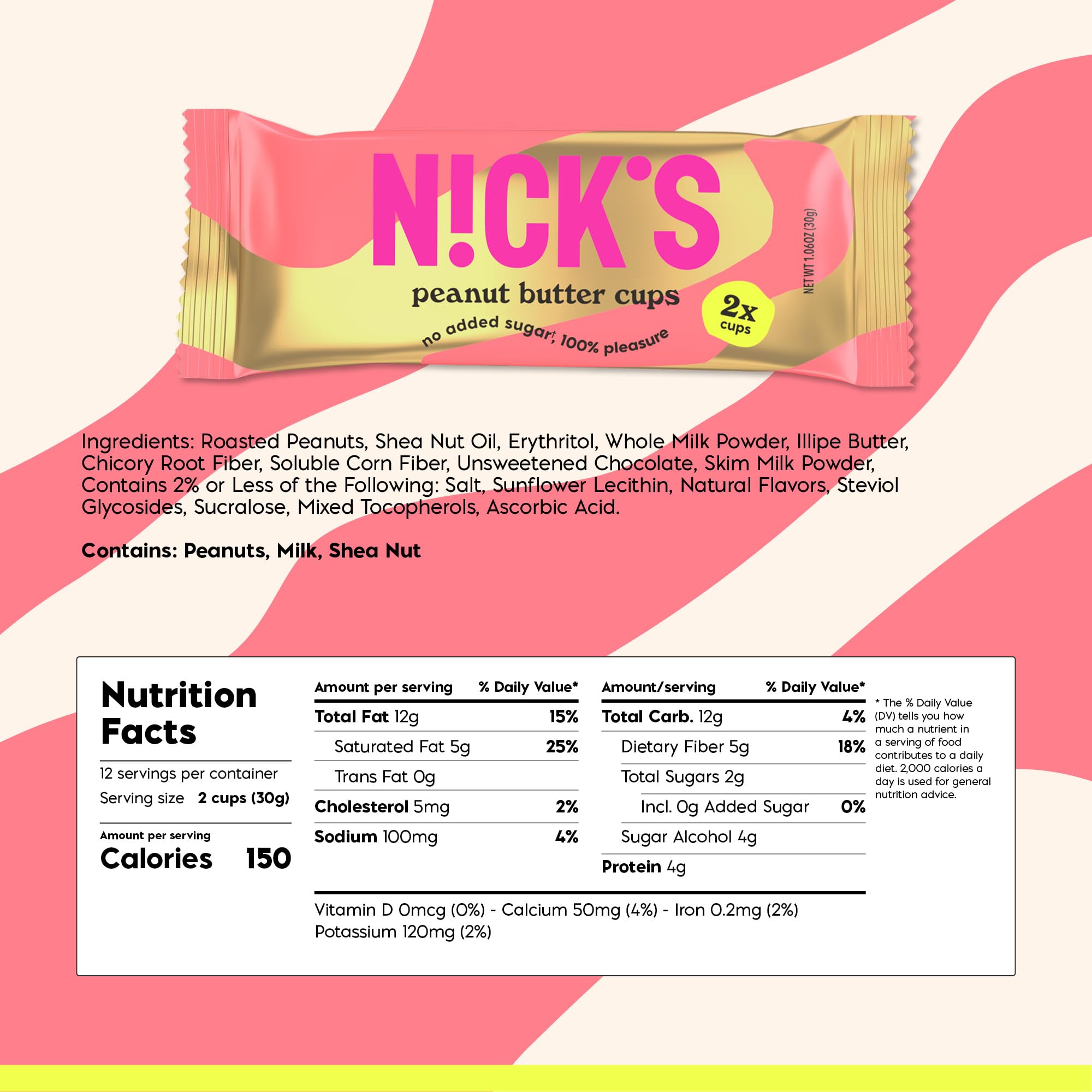 NICKS Peanut Butter Cups pack back view, gluten-free and no added sugar.