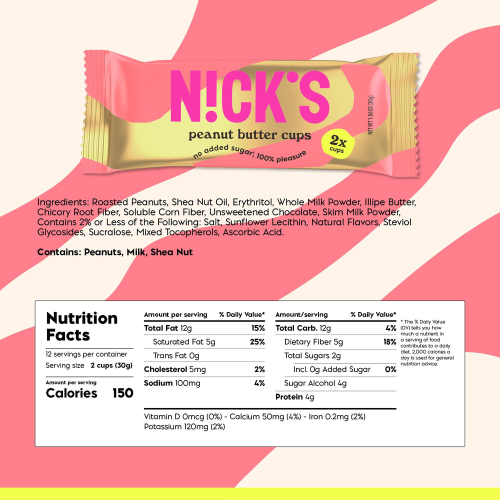 NICKS Peanut Butter Cups pack back view, gluten-free and no added sugar.