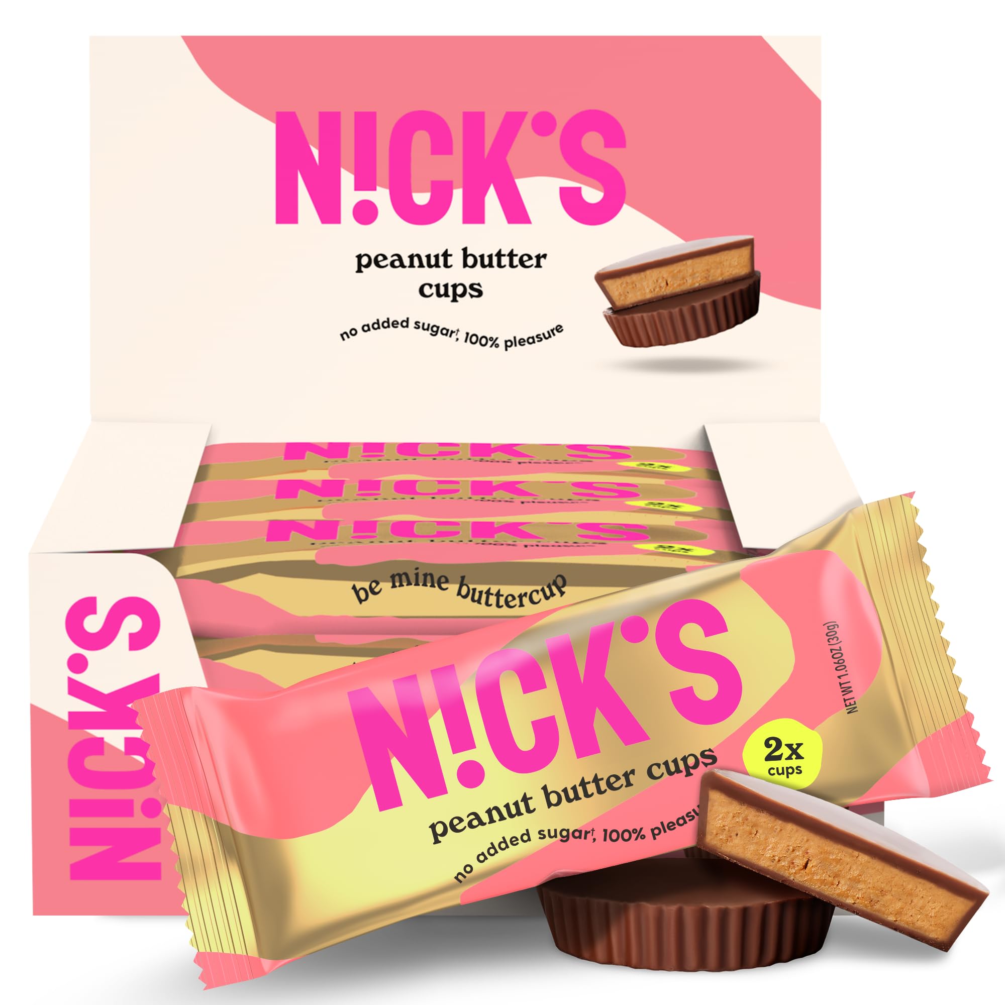 NICKS Peanut Butter Cups pack front view, keto-friendly snack option.