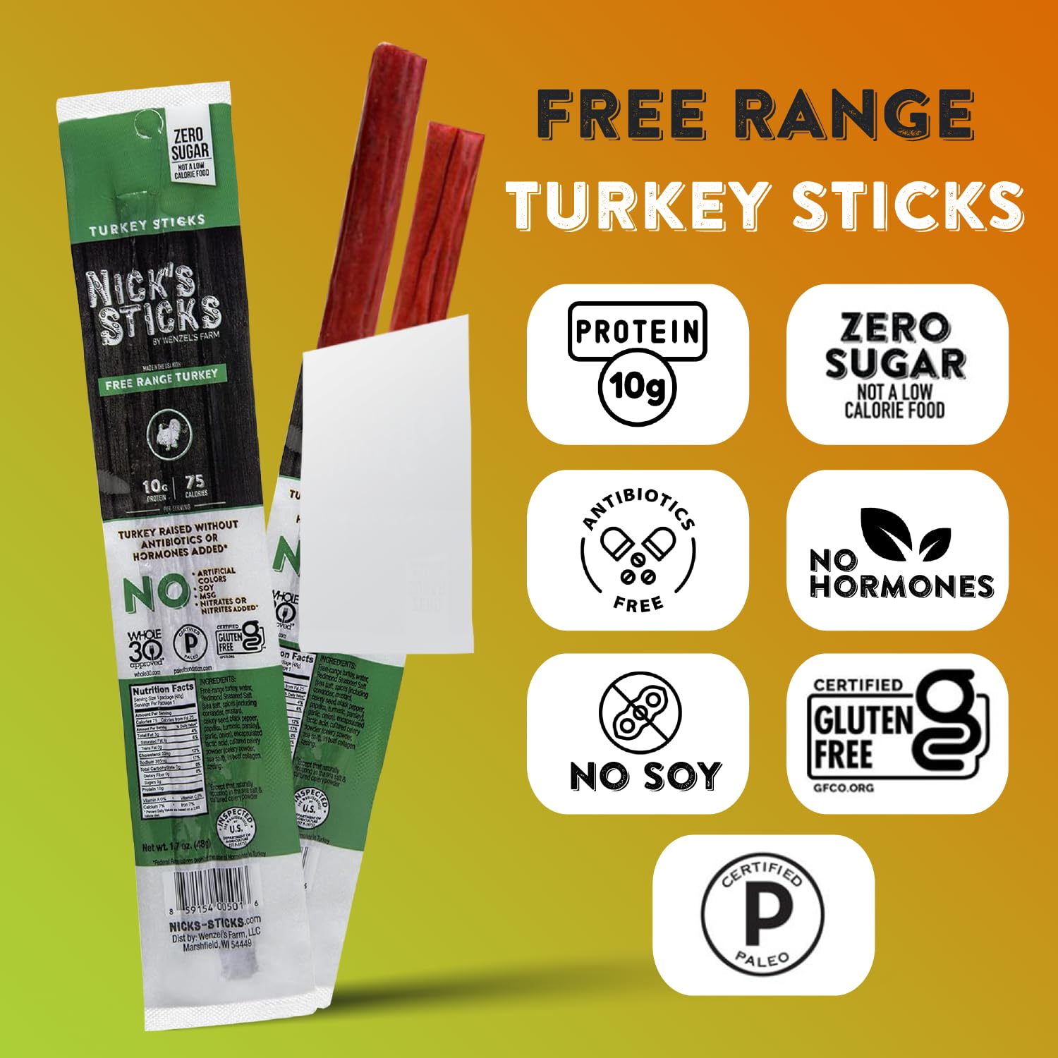 Nick's Sticks no antibiotics hormones label highlights clean protein origin.