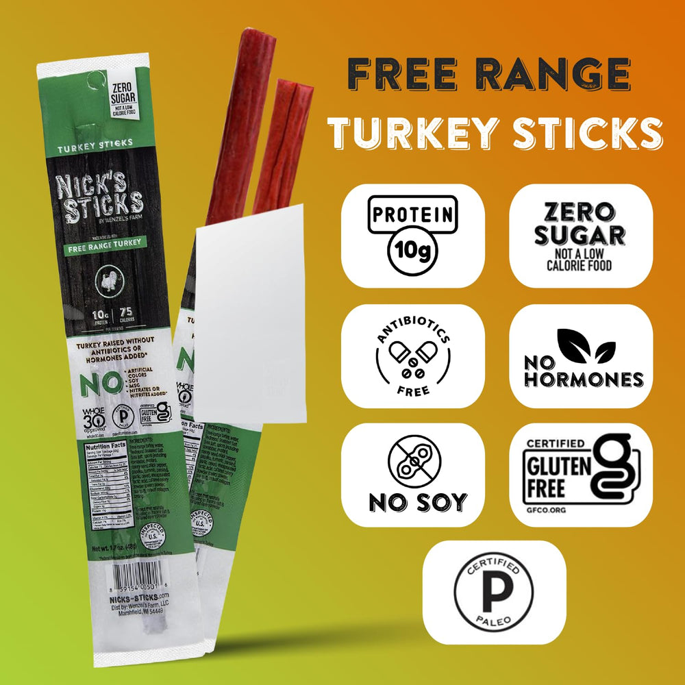Nick's Sticks no antibiotics hormones label highlights clean protein origin.