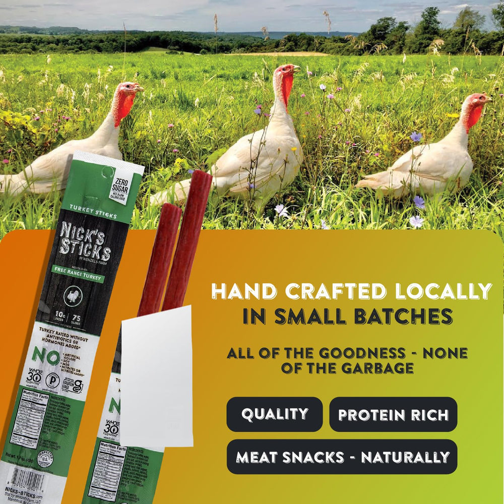 Nick's Sticks no nitrates nitrites badge reinforces natural snack profile.
