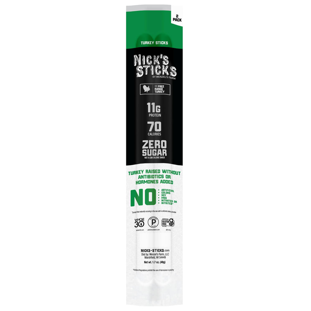 Nick's Sticks nutrition facts label shows 10g protein per pack