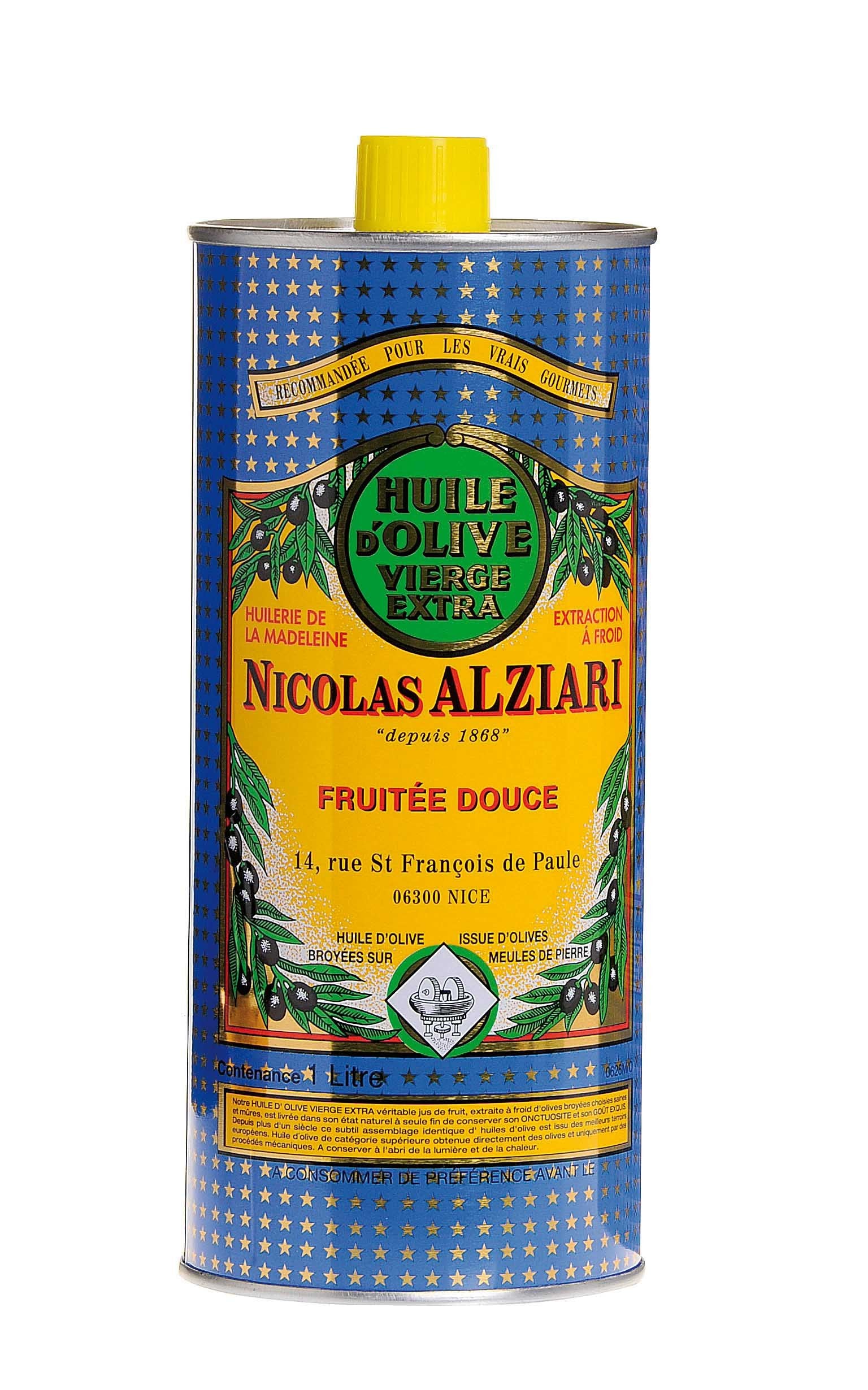 Nicolas Alziari extra virgin olive oil bottle on the counter, ideal for salads and cooking
