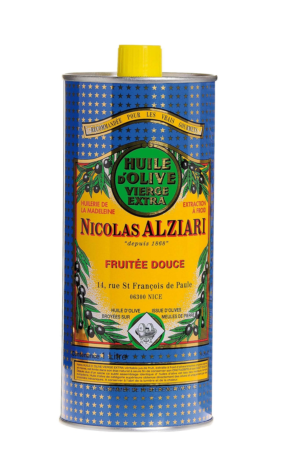 Nicolas Alziari extra virgin olive oil bottle on the counter, ideal for salads and cooking