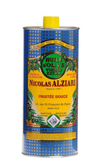Nicolas Alziari extra virgin olive oil bottle on the counter, ideal for salads and cooking
