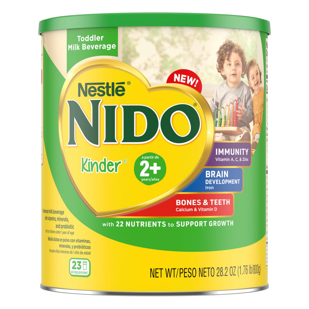 Nido Kinder Toddler Milk Powder tub closeup highlighting six-pack convenience for families