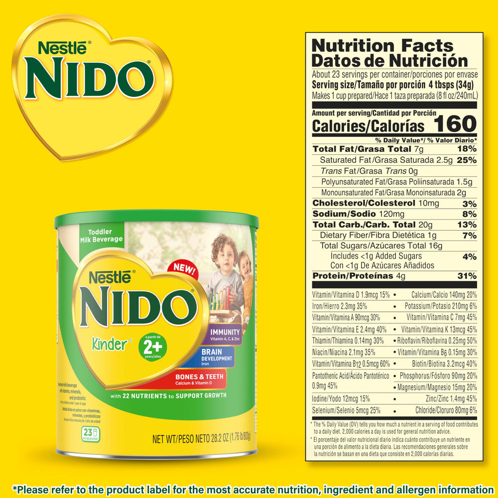 Nido Kinder Toddler Powder packaging six containers for shelf-stable nutrition