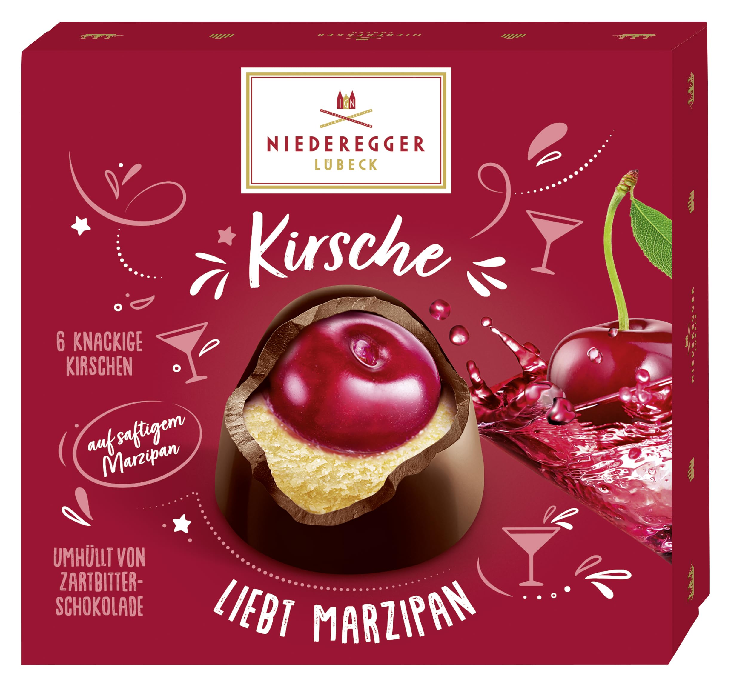 Niederegger Cherry Loves Marzipan pralines with crisp dark chocolate, perfect gift for celebrations.