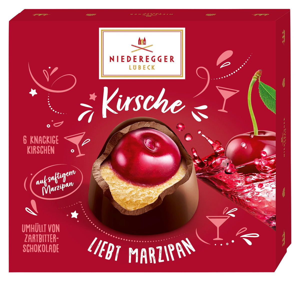 Niederegger Cherry Loves Marzipan pralines with crisp dark chocolate, perfect gift for celebrations.