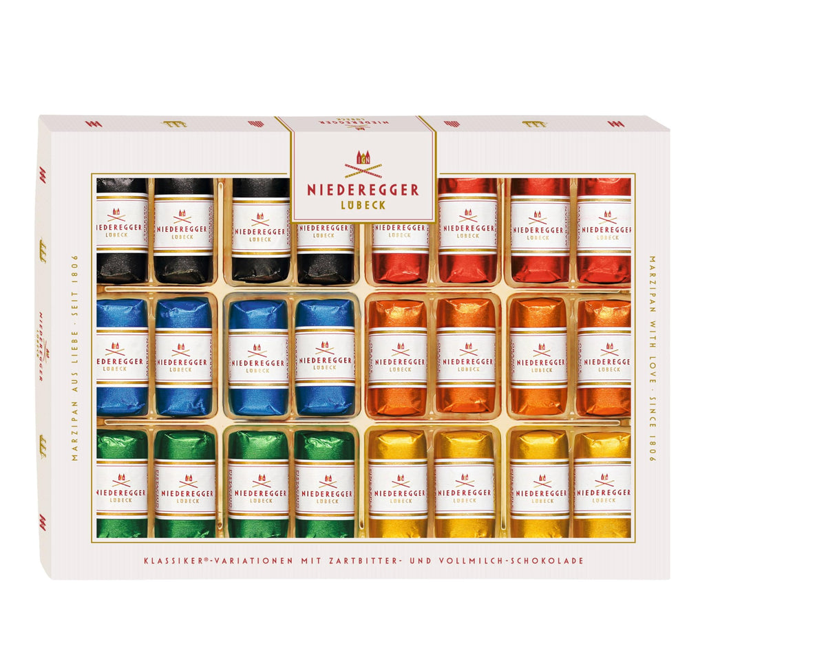 Niederegger classic marzipan assortment with dark and milk chocolate coating, ideal as a premium gift.