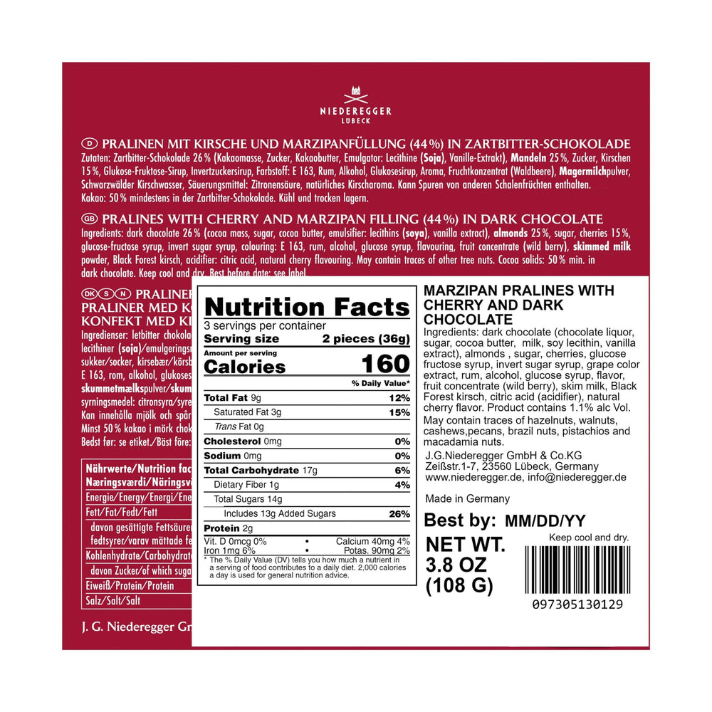 Niederegger pralines six-piece box, ideal for sharing with guests.