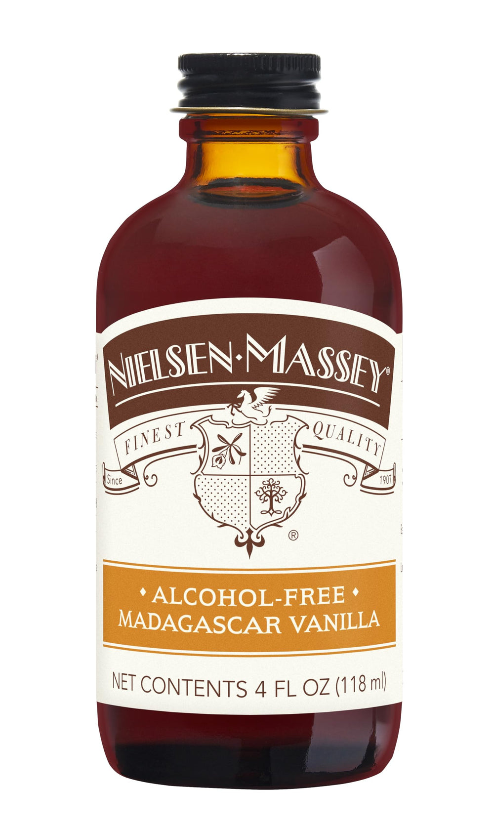 Nielsen-Massey Alcohol-Free bottle pour for dairy-free baking and beverages.