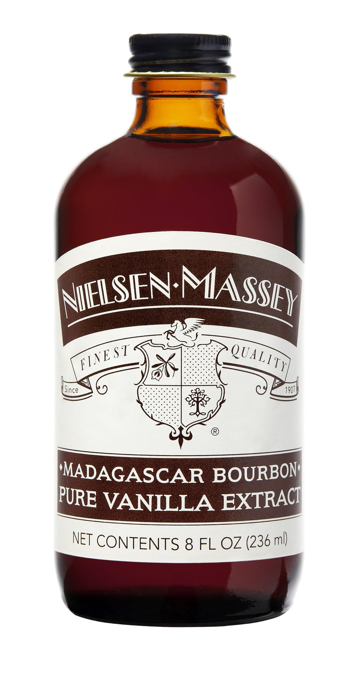 Nielsen-Massey Madagascar Bourbon Vanilla Extract bottle close-up, premium flavor for baking