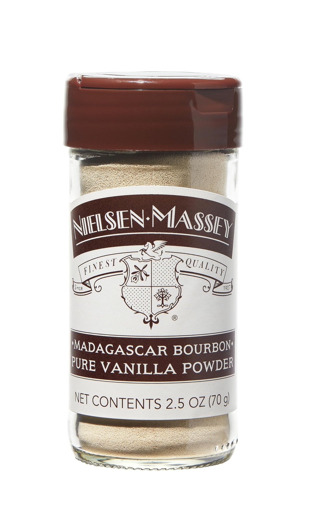 Nielsen-Massey Madagascar Bourbon Vanilla Powder jar adds rich flavor to baked goods.
