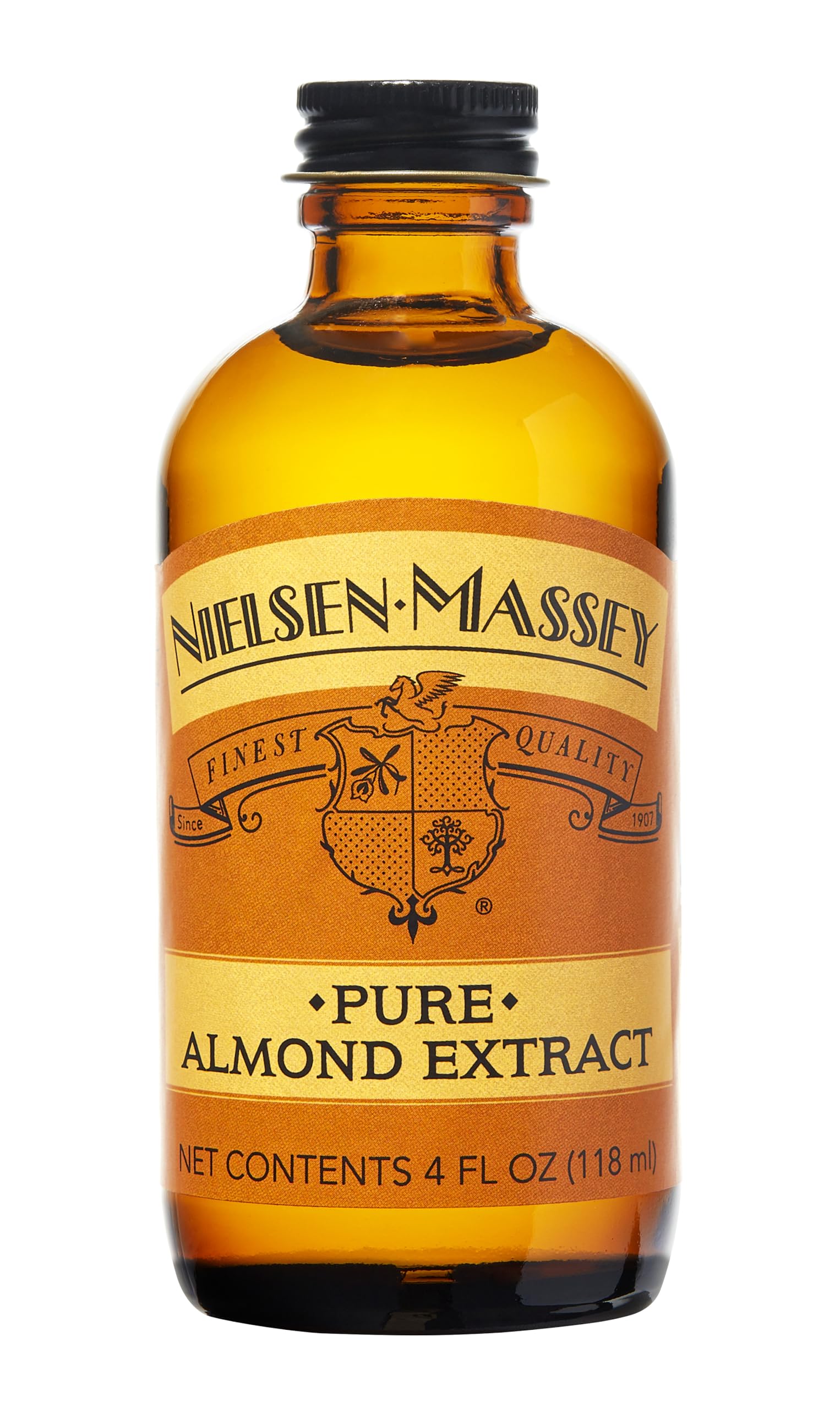 Nielsen-Massey Pure Almond Extract bottle closeup for baking