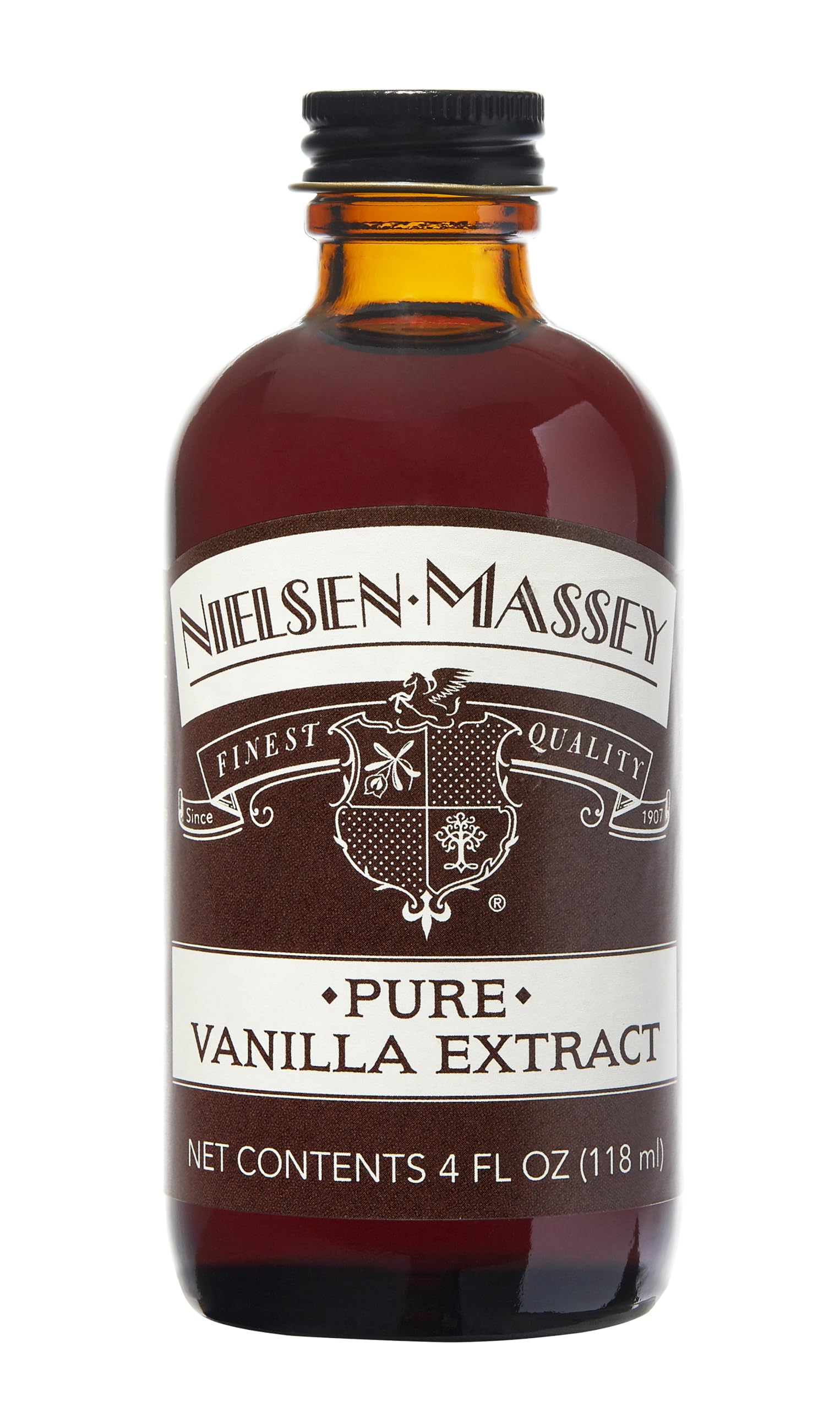 Nielsen-Massey Pure Vanilla Extract bottle enhances baking flavor for cakes, cookies, and desserts.