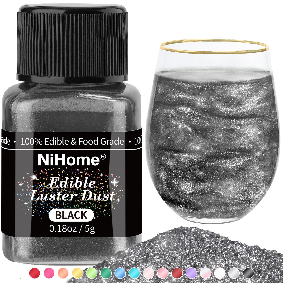 NiHome edible glimmer dust black shaker adds bold sparkle to desserts.