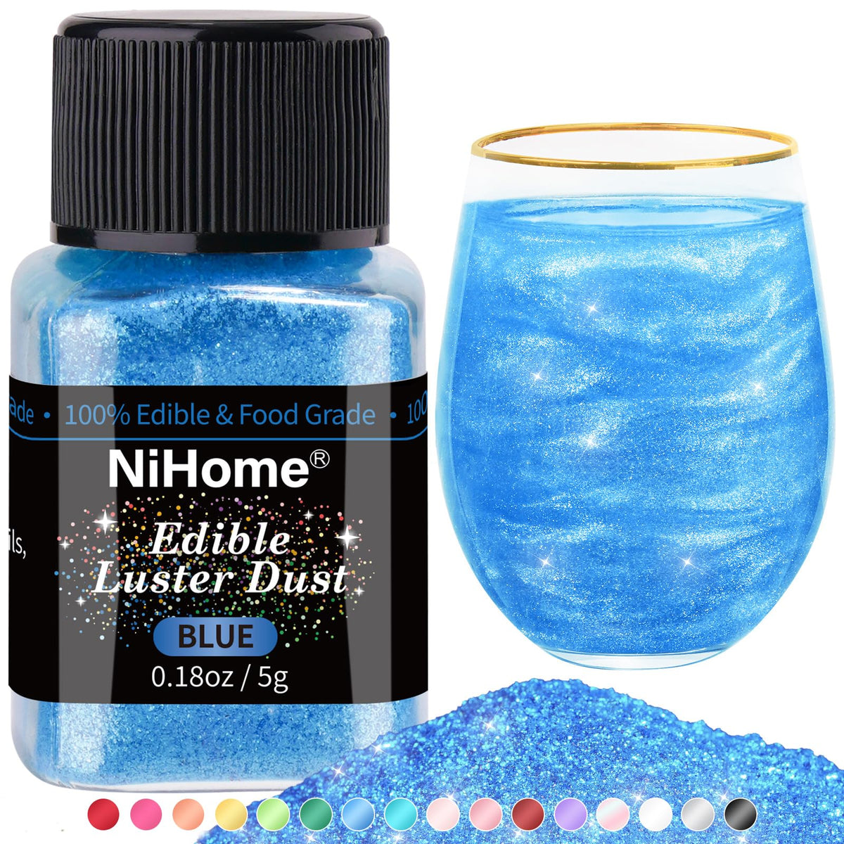 NiHome edible glimmer dust blue cake decoration for shimmering pastries.