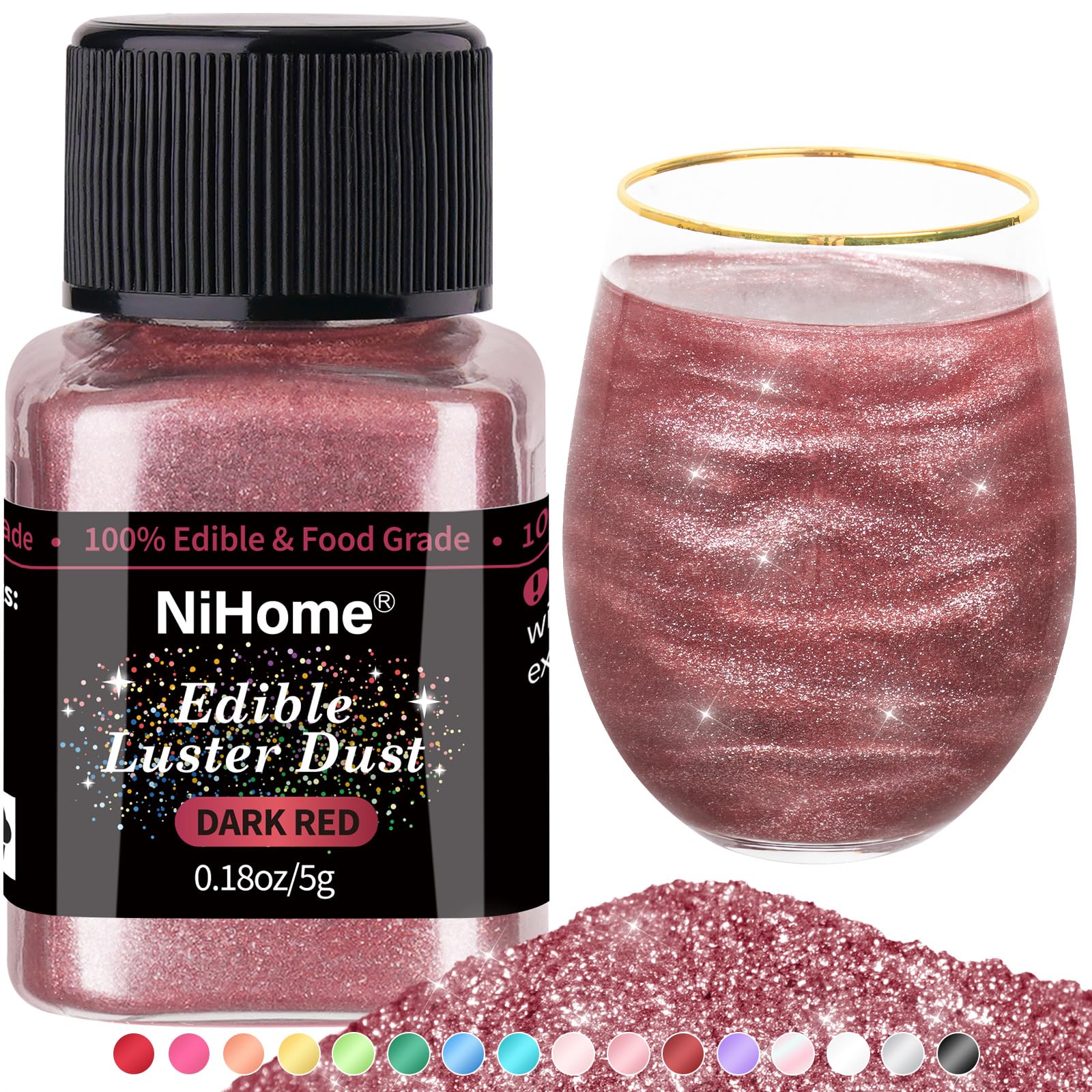 NiHome edible glitter powder bottle pour adds rich dark red sparkle to cocktails.