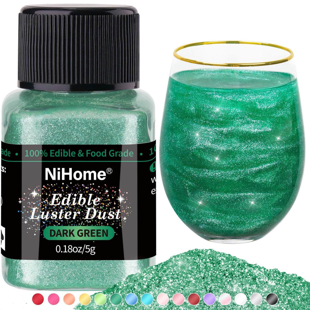 NiHome edible glitter powder in a dark green bottle adds vibrant shimmer to drinks.