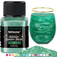 NiHome edible glitter powder in a dark green bottle adds vibrant shimmer to drinks.
