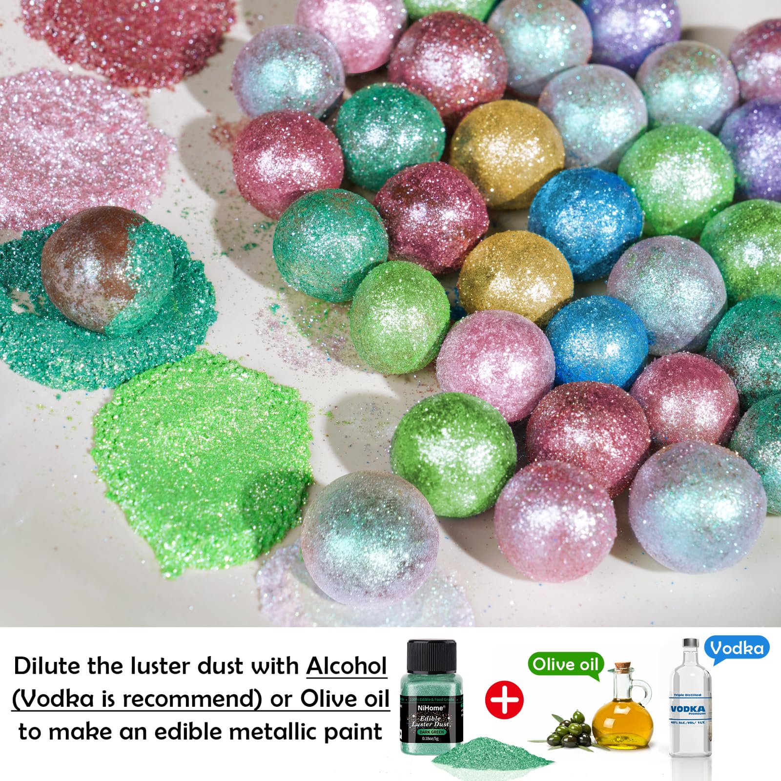 NiHome dark green sparkle dust on cupcakes adds dramatic finish.