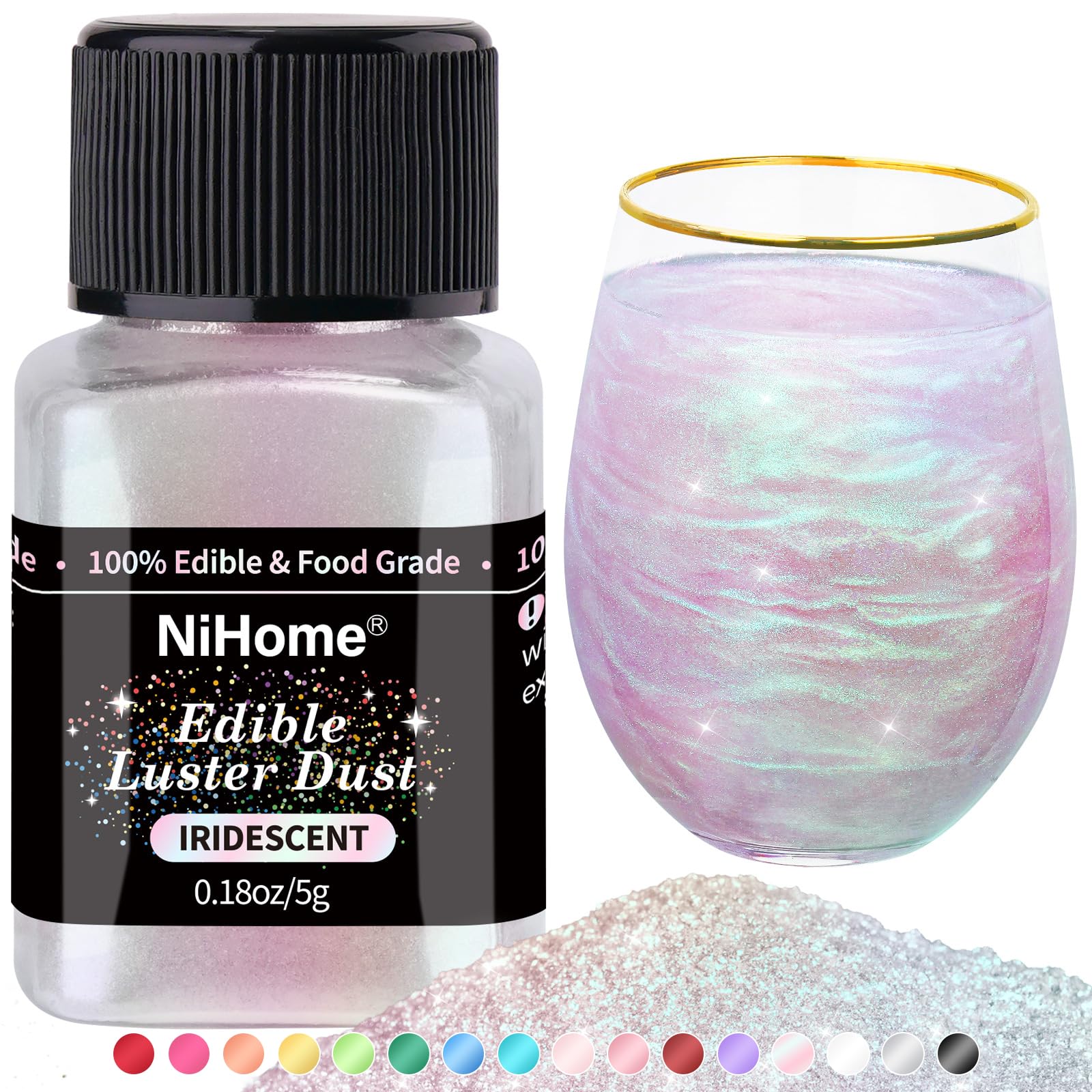 NiHome edible glimmer powder iridescent bottle adds premium sparkle to drinks.
