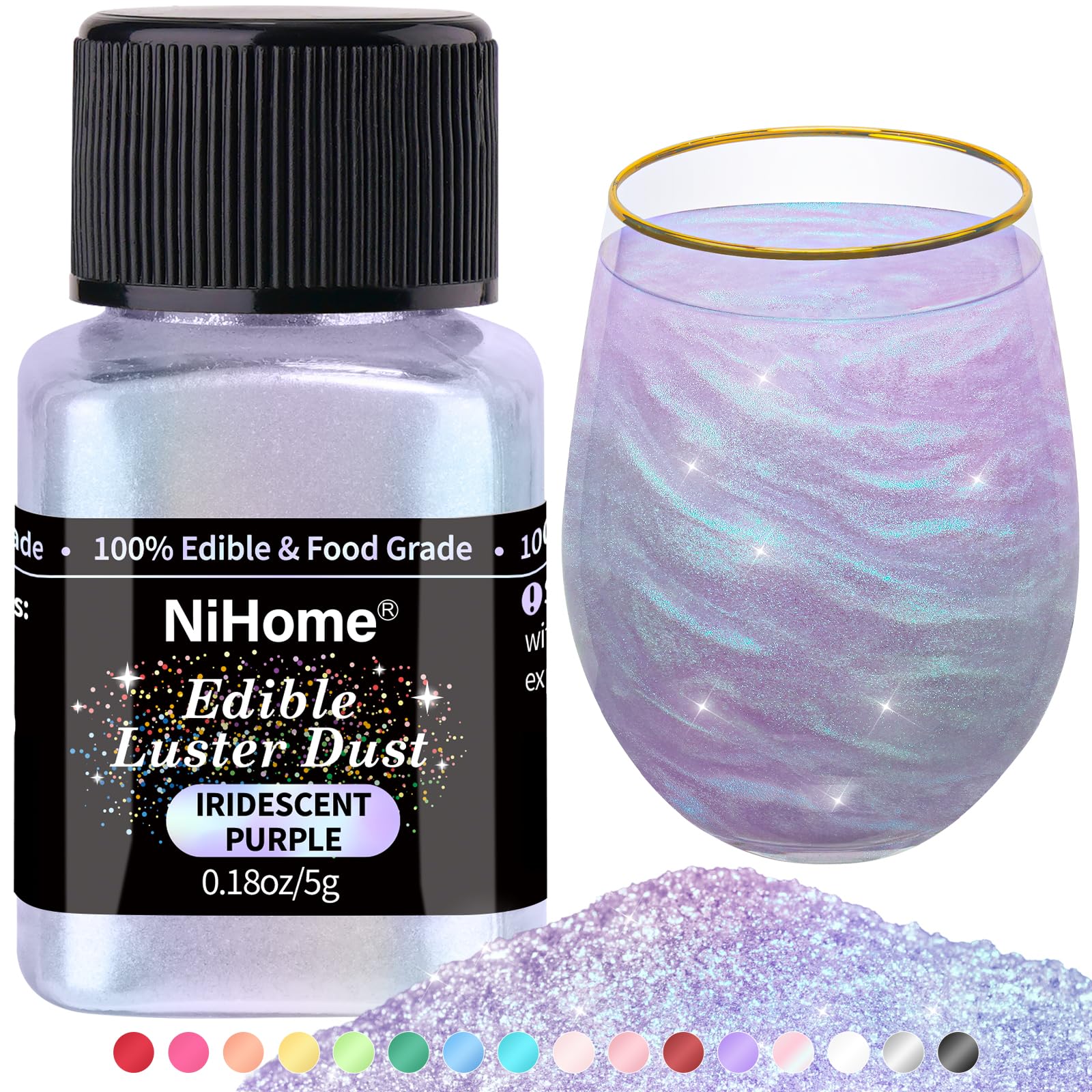 NiHome edible glimmer powder iridescent purple jar showcases vibrant, food-grade sparkle for desserts.