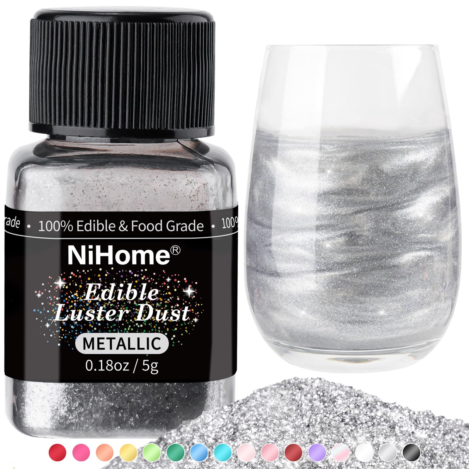 NiHome edible glimmer powder jar close-up with metallic shimmer for desserts