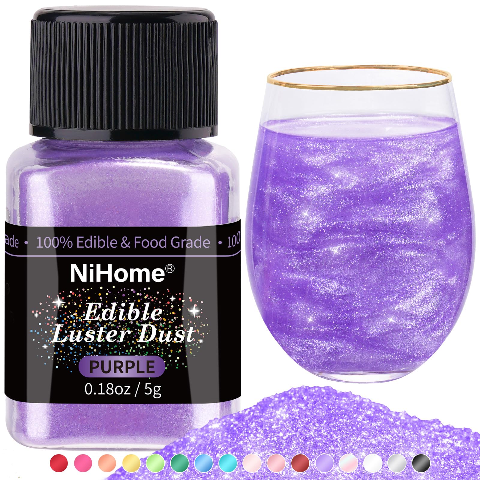 NiHome edible glitter powder purple jar adds shimmering color to desserts and drinks.