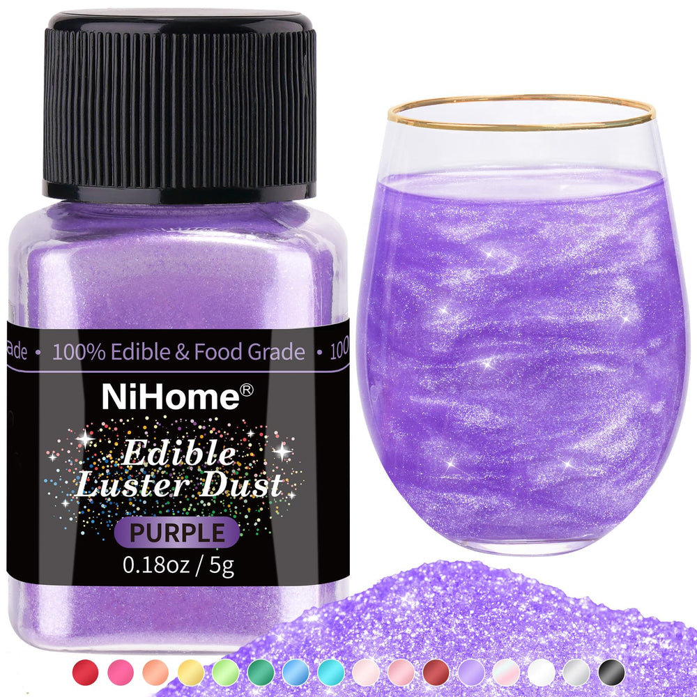 NiHome edible glitter powder purple jar adds shimmering color to desserts and drinks.