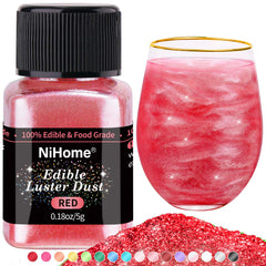 NiHome edible glimmer powder red bottle pour adds vibrant sparkle to cocktails and desserts.