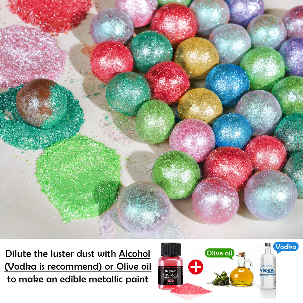 NiHome edible glimmer powder red vanilla beverage sparkles under light.