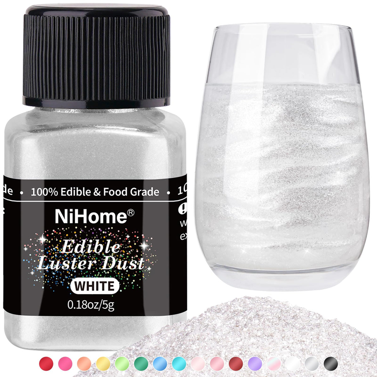 NiHome edible glitter white bottle-pour adds sparkle to drinks and desserts.