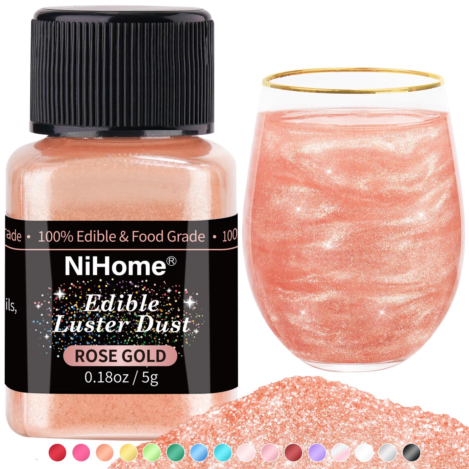NiHome edible glimmer rose gold bottle pour adds radiant sparkle to drinks.