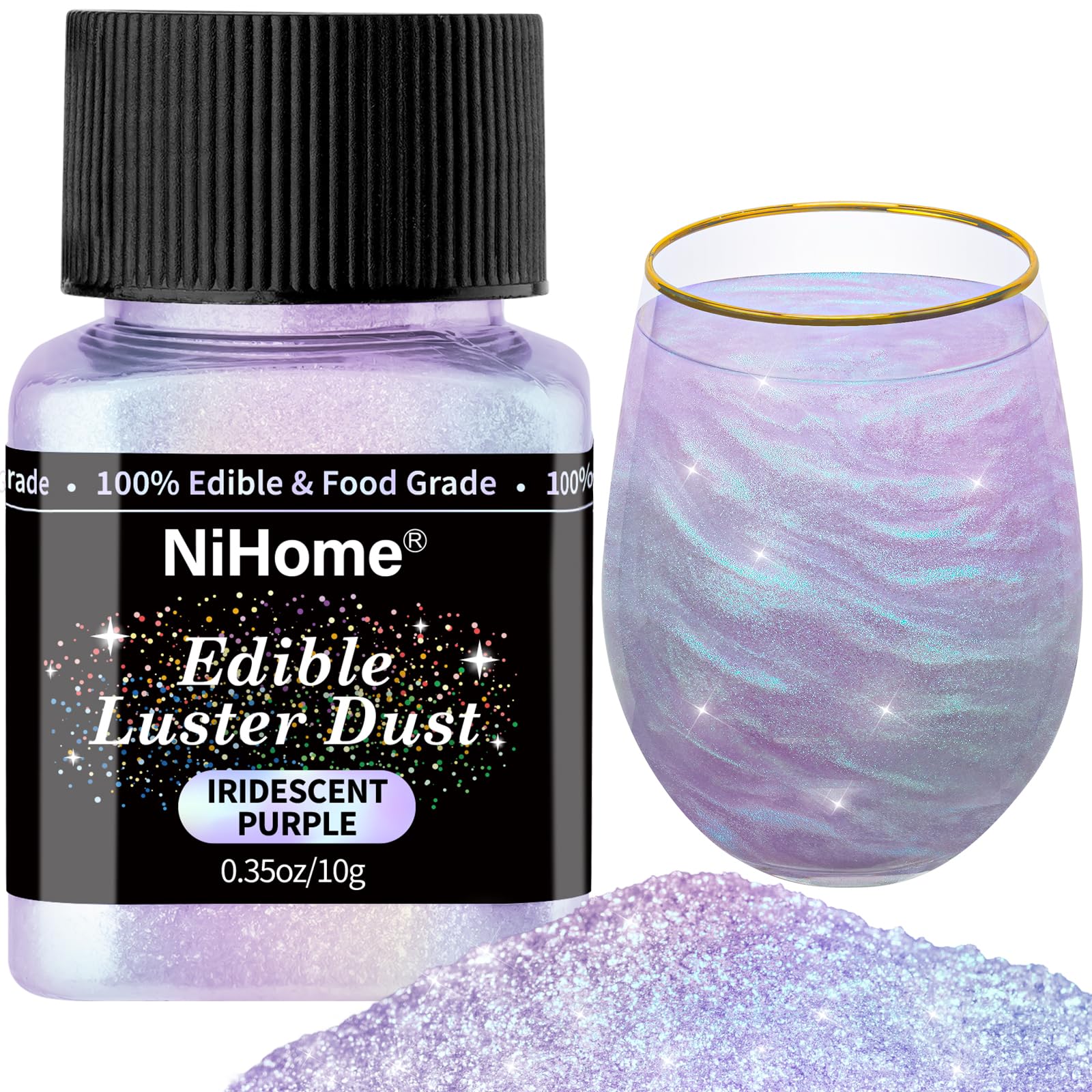 NiHome iridescent purple edible glitter powder on a dessert for shimmering finish