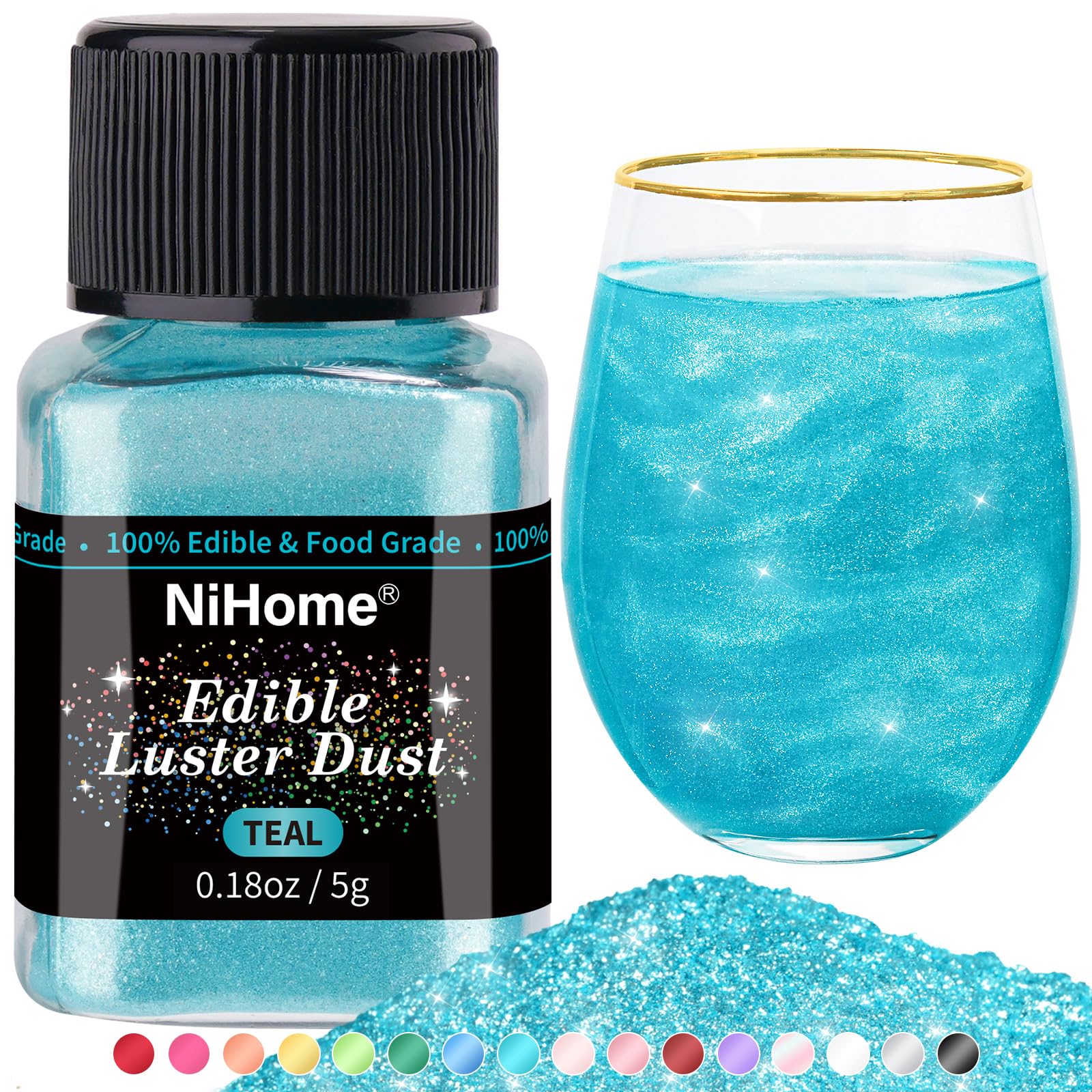 NiHome edible teal glimmer bottle pour adds dazzling shimmer to drinks.