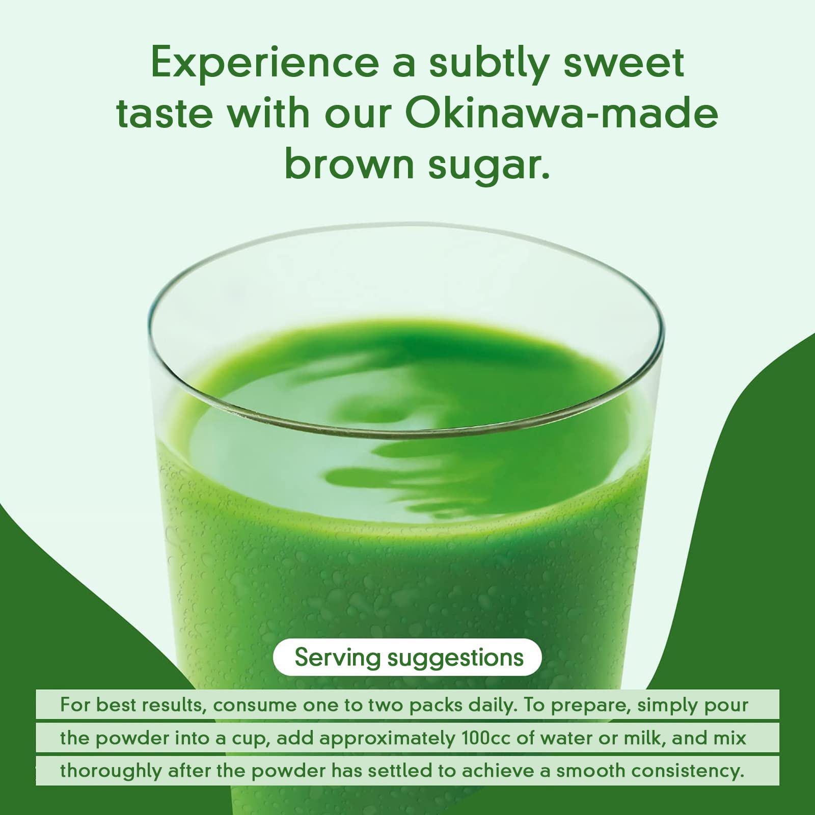 NIHON YAKKEN Kin no Aojiru powder dissolves smoothly in water or milk.